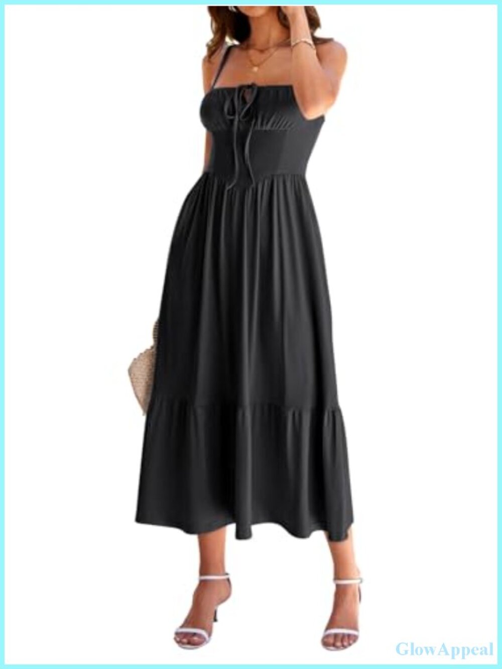 Flowy A-Line Midi Sundress with Pockets Spaghetti Strap Corset Lace-Up